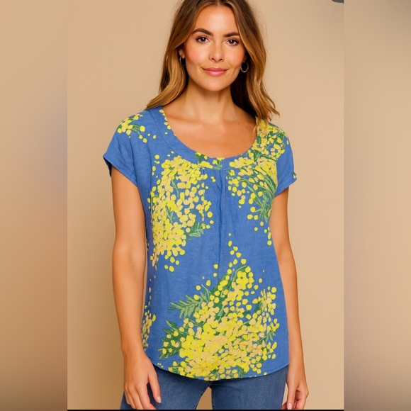 Boden Linen Blouse 4 Top Blue Yellow Floral Scoop Neck Short Sleeve - Picture 1 of 9